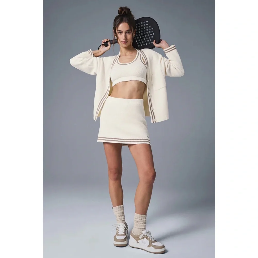 Alo Yoga Tennis Club Sweater Knit Bra Ivory/Gravel S